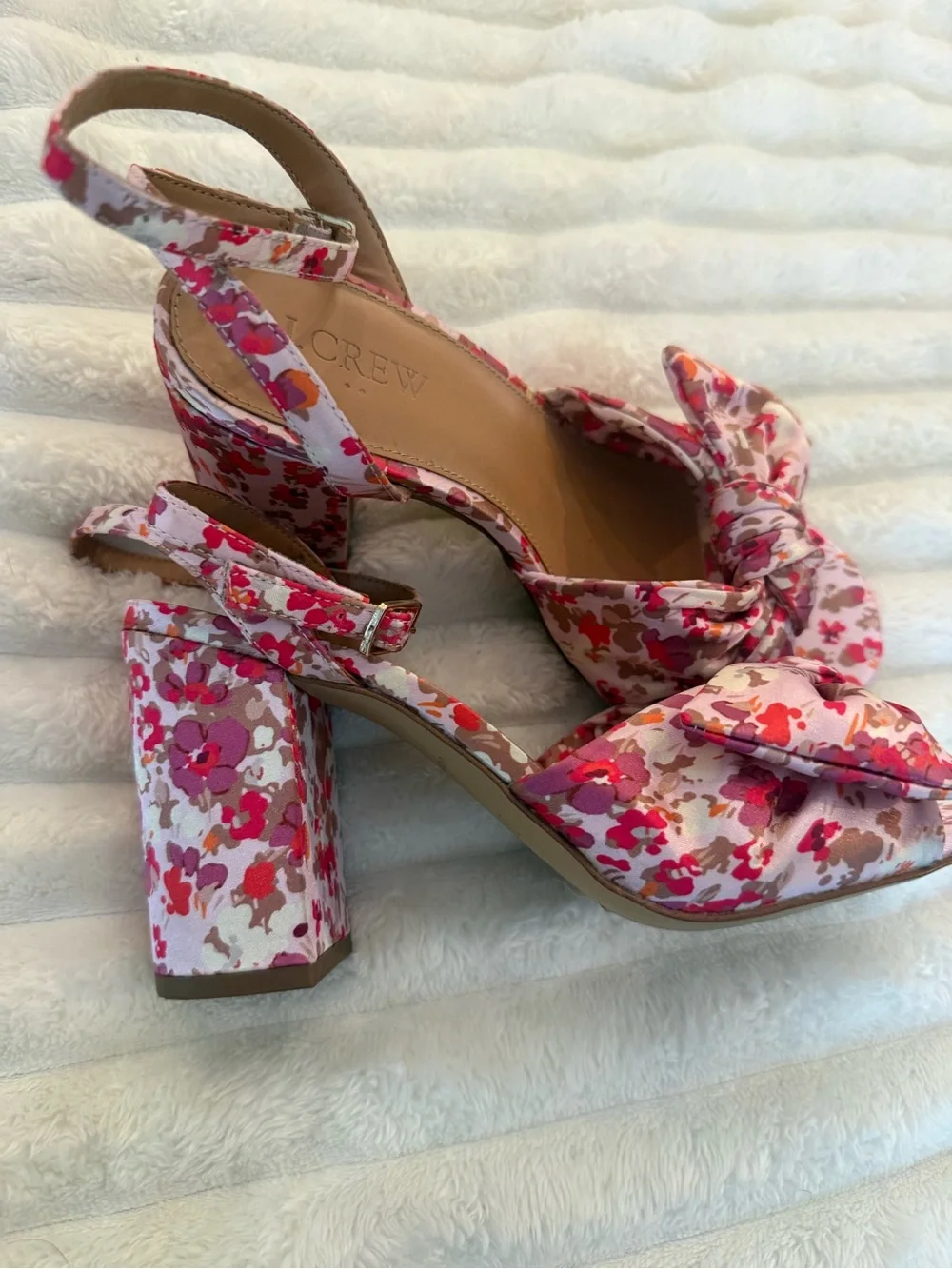 J. Crew Floral Pink Block Heel Sandal with Ankle Strap
